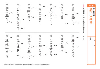 漢字の読み取り問題（音読みカ～サ行）プリントNo.5