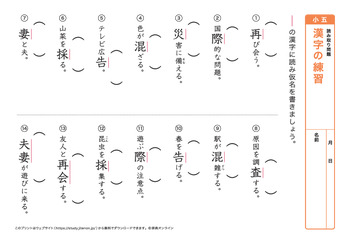 漢字の読み取り問題（音読みカ～サ行）プリントNo.6