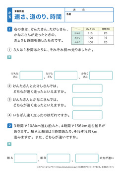 単位量あたりの大きさ（速さ、道のり、時間）プリントNo.1